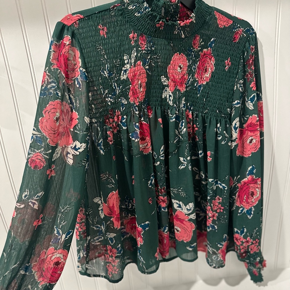 Emerald green floral blouse